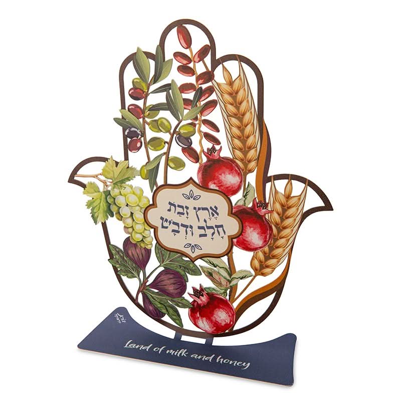 סטנד חמסה שולחני "שבעת המינים-אנגלית" (20*23 ס"מ) צבעונית - ע"י האמנית דורית קליין