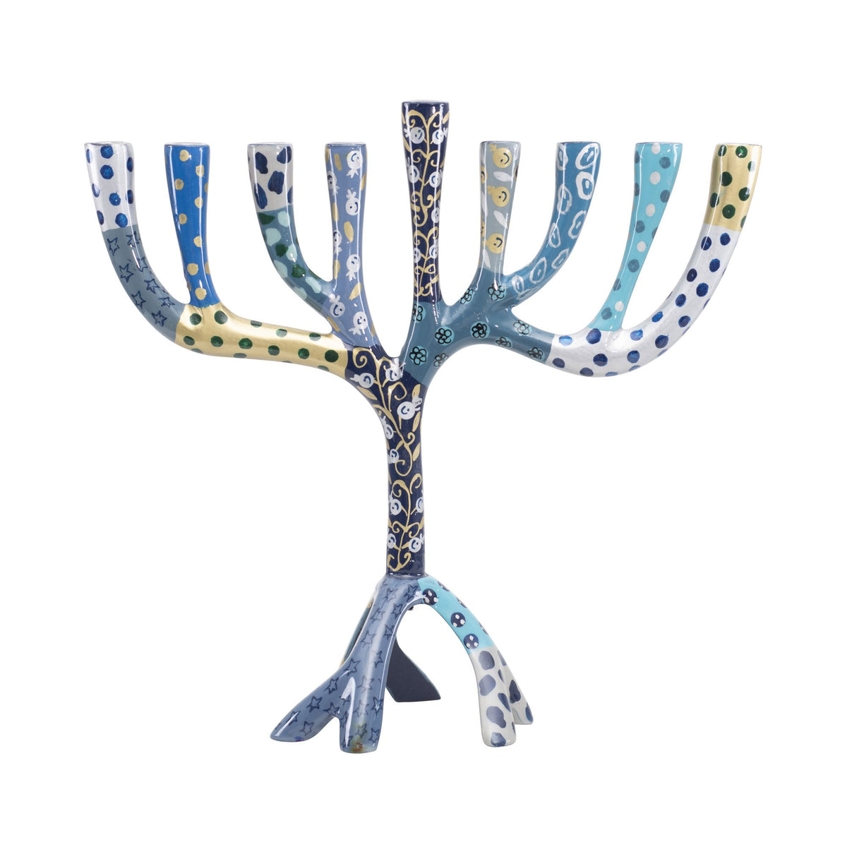 חנוכייה "עץ" גדולה (26 ס"מ) ממתכת בציור יד כחול - יאיר עמנואל