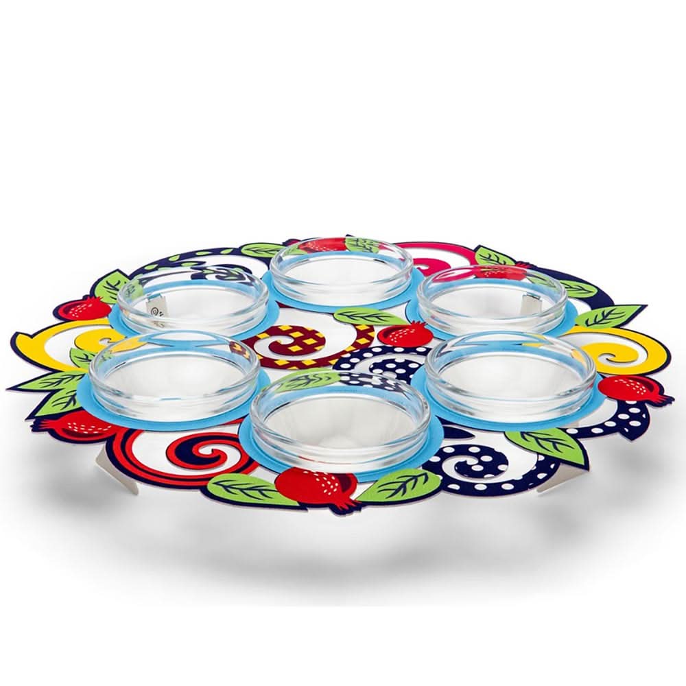 קערת פסח (32 ס"מ) ממתכת עם הדפס "רימונים וספירלות" - אומנית דורית קליין