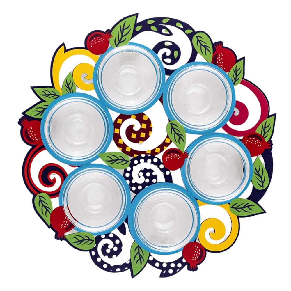 קערת פסח (32 ס"מ) ממתכת עם הדפס "רימונים וספירלות" - אומנית דורית קליין