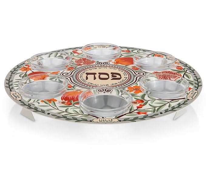 קערת פסח (32 ס"מ) ממתכת עם הדפס שפע רימונים - אומנית דורית קליין