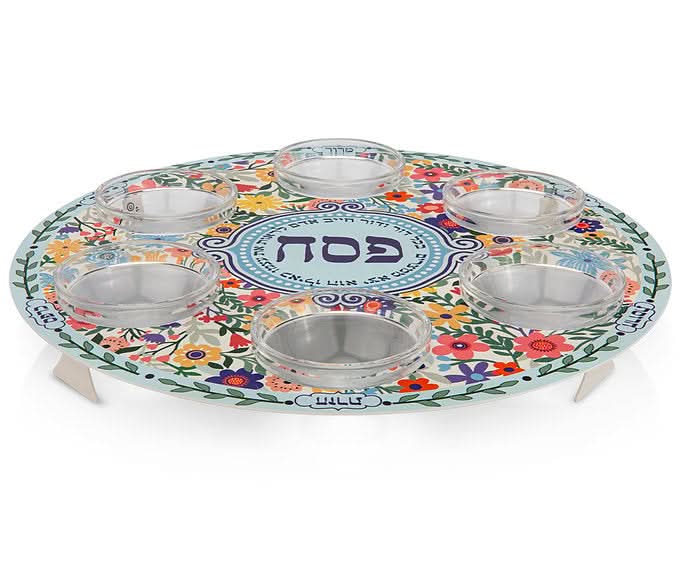 קערת פסח (32 ס"מ) - ממתכת עם הדפס פרחוני - אומנית דורית קליין