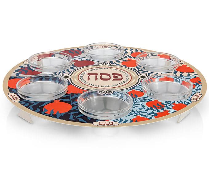 קערת פסח (32 ס"מ) - ממתכת עם הדפס רביעיית רקעים - אומנית דורית קליין