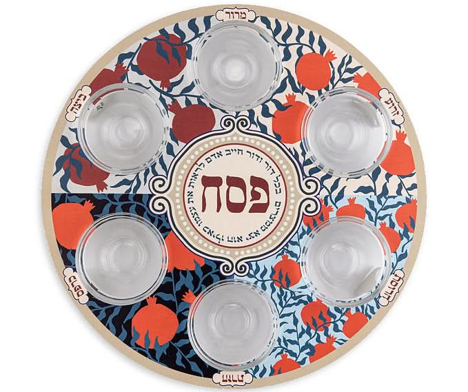 קערת פסח (32 ס"מ) - ממתכת עם הדפס רביעיית רקעים - אומנית דורית קליין