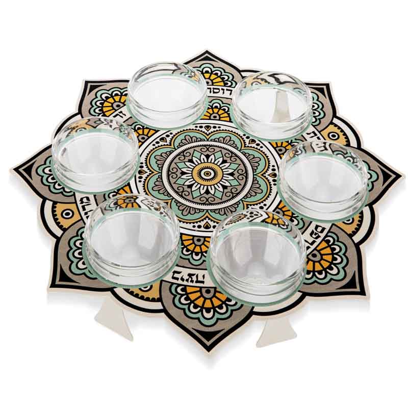 קערת פסח (32 ס"מ) ממתכת מנדלה מעוצבת הדפסי וינטג' - אומנית דורית קליין