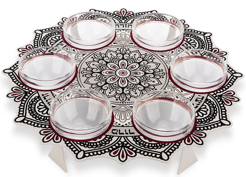 קערת פסח (32 ס"מ) ממתכת מעוצבת הדפסי "תחרה" - אומנית דורית קליין