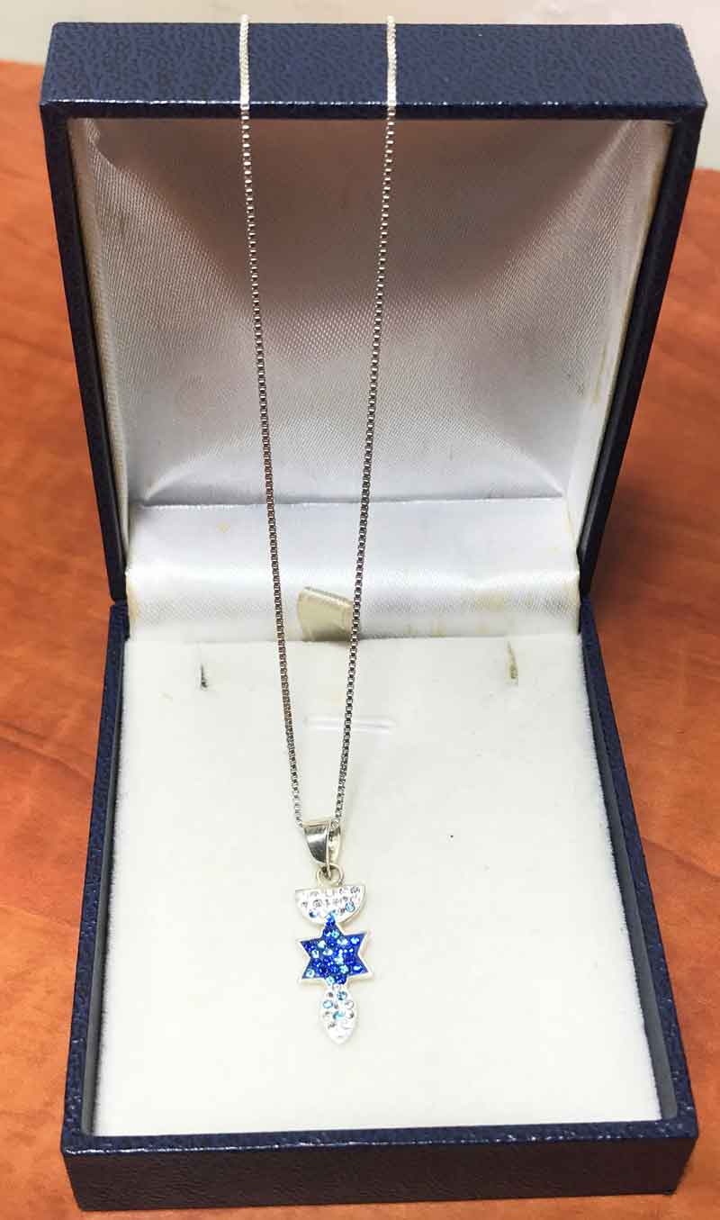 שרשרת "מנורה, מגן דוד דג" קטנה (22*9 מ"מ) מכסף 925, משובץ עם קריסטלים כחול ולבן
