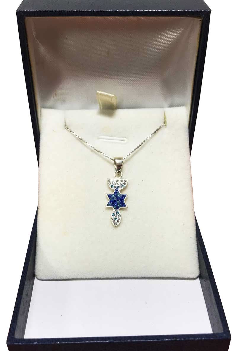 שרשרת "מנורה, מגן דוד דג" קטנה (22*9 מ"מ) מכסף 925, משובץ עם קריסטלים כחול ולבן