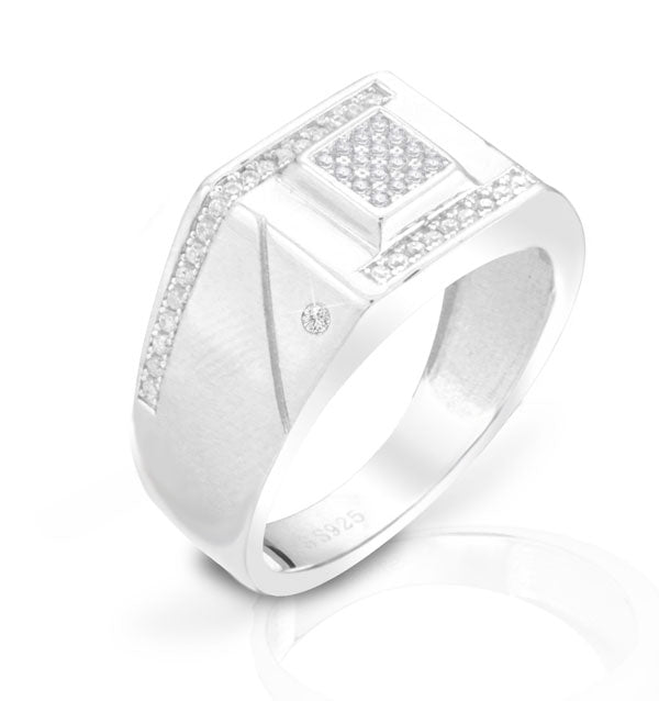 טבעת "חותם" מלבנית לגבר מכסף 925 משובצת קריסטלים לבנים