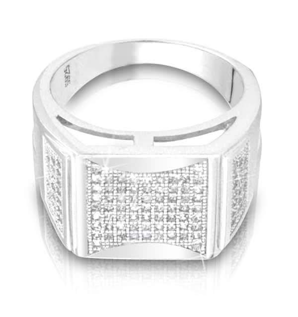 טבעת "חותם" מלבנית לגבר מכסף 925 משובצת קריסטלים לבנים