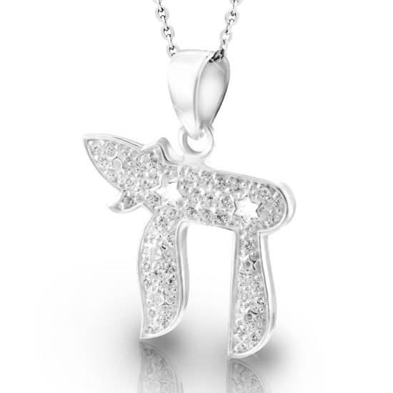 "Hai" necklace (2 cm) made of 925 silver, studded with white crystals and Stars of David