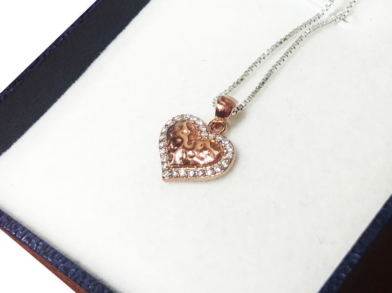 Small (1.4 cm) 925 silver hammered heart necklace with red gold plating and crystals