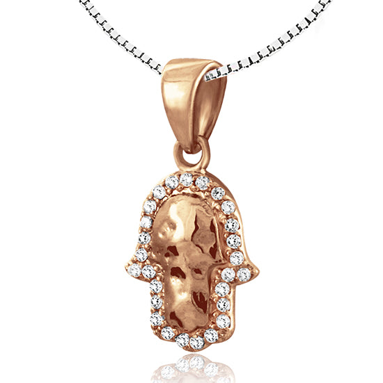 שרשרת חמסה מרוקעת קטנה (1.5*1.2 ס"מ) מכסף 925 ציפוי זהב אדום, עם קריסטלים