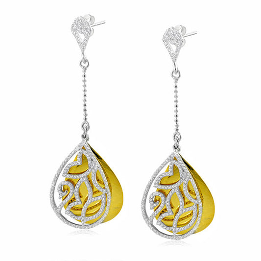 עגילי כסף 925 נופלים (3*2 ס"מ) בציפוי זהב וקריסטלים – עיצוב דו־שכבתי יוקרתי