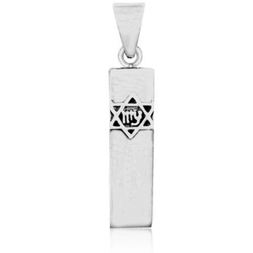 מתנה לגבר שרשרת מזוזה מלבנית ( גב פתוח ) מכסף 925 מלבני עם עם מגן דוד על גבי חזית התליון לגבר או אישה! עם שרשרת 45 סמ מכסף.