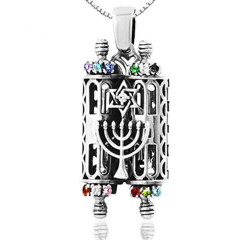 שרשרת "ספר תורה" מכסף 925 גדול במיוחד (4.5*2.2 ס"מ) נפתח עם קריסטלים צבעוניים