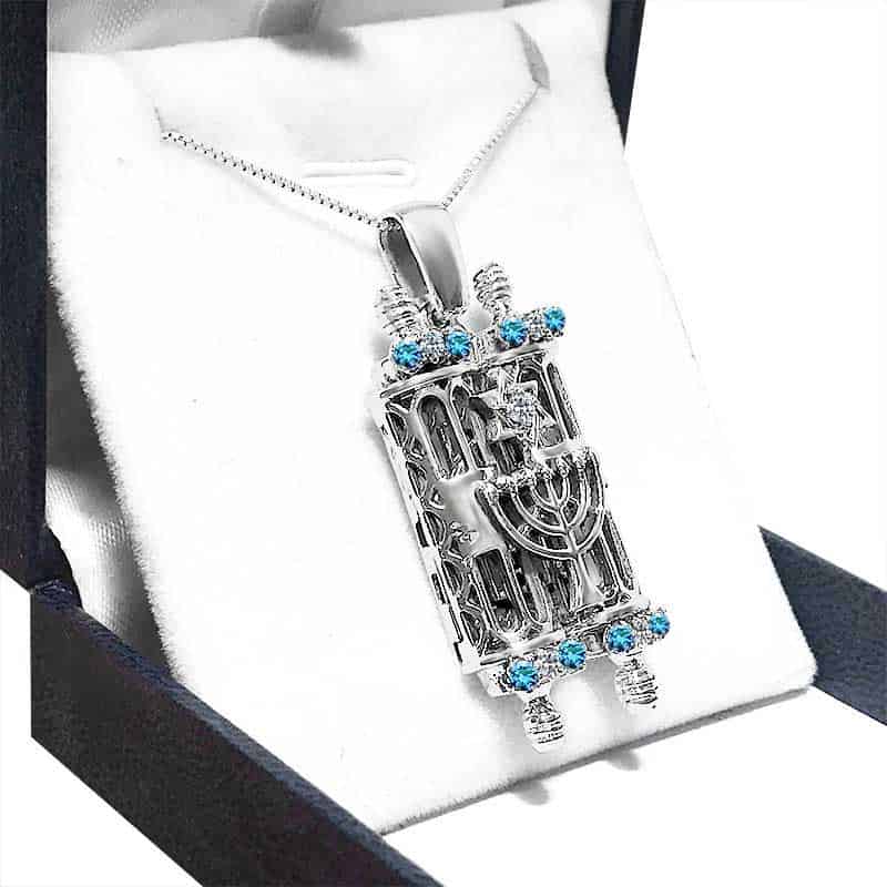 Large Torah scroll necklace (4.5*2.2 cm) open in 925 silver with blue and white crystals