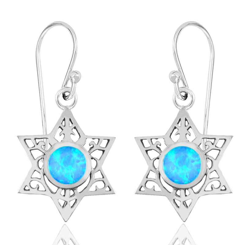 עגילי "מגן דוד" (1.8*1.5 ס"מ) מכסף 925 משובצים אבן אופל