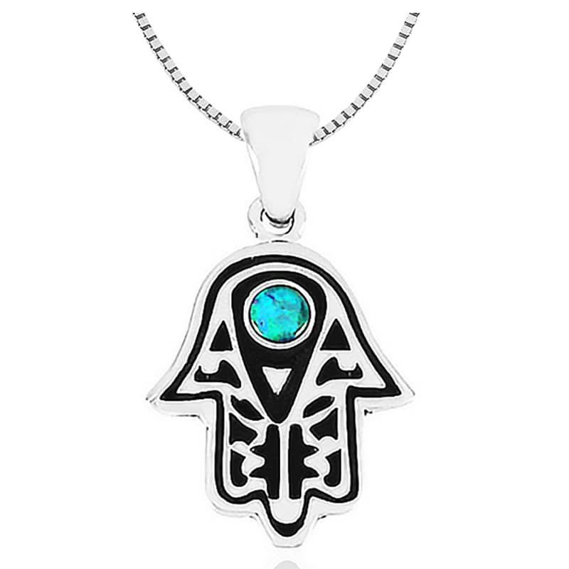 שרשרת חמסה מכסף 925 משובצת אבן אופל כחולה.