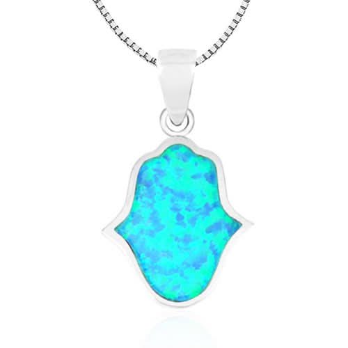 Hamsa necklace cm) made of 925 silver with blue opal stone