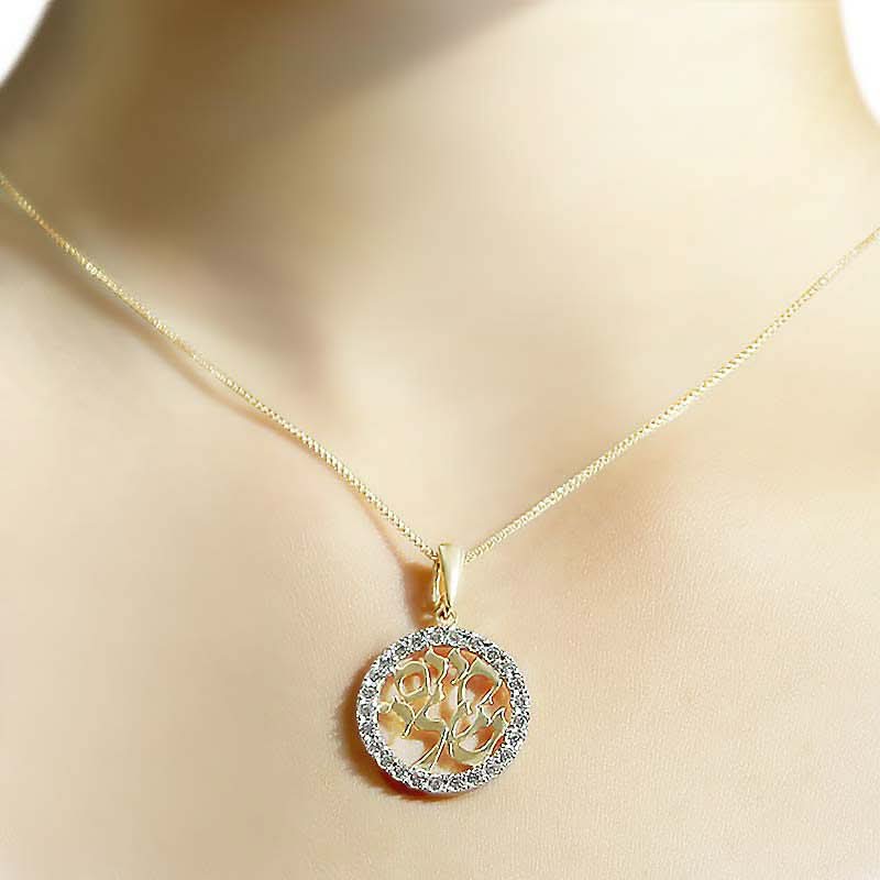 תליון "חיים שלי" עגול (2 ס"מ) מזהב צהוב 14 קראט משובץ קריסטלים