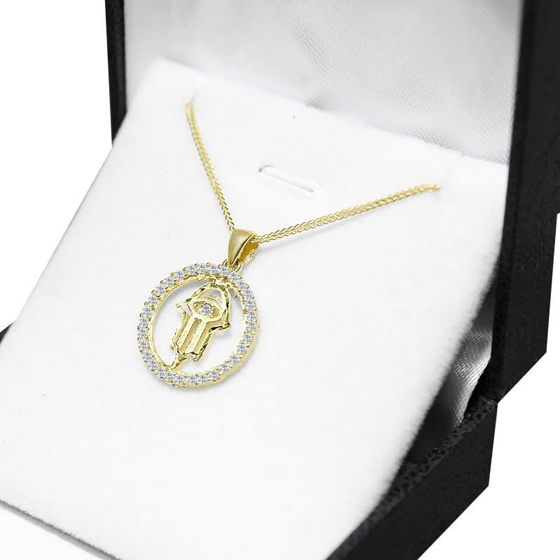 תליון חמסה (1.8 ס"מ) מזהב צהוב 14 קראט משובצת קריסטלים