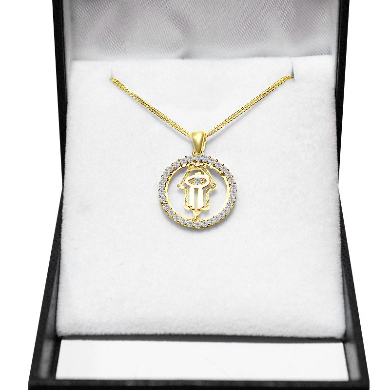 Hamsa pendant (1.8 cm) in 14k yellow gold with crystals