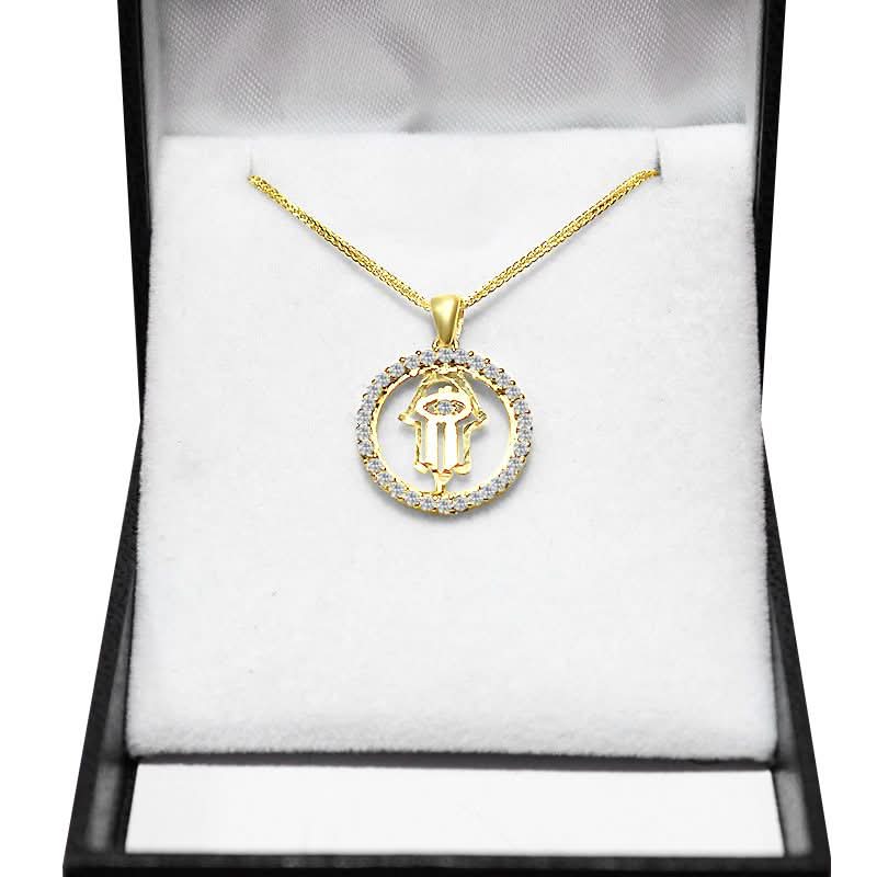 תליון חמסה (1.8 ס"מ) מזהב צהוב 14 קראט משובצת קריסטלים