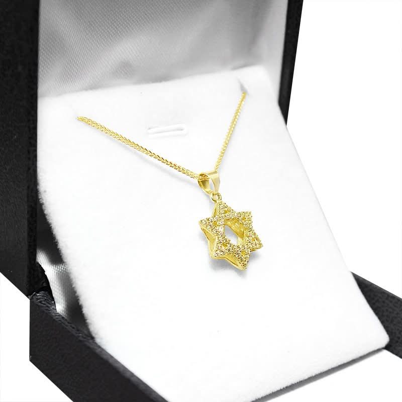 תליון "מגן דוד" (1.5*1.3 ס"מ) מזהב צהוב 14 קראט לגבר או אישה משובץ קריסטלים