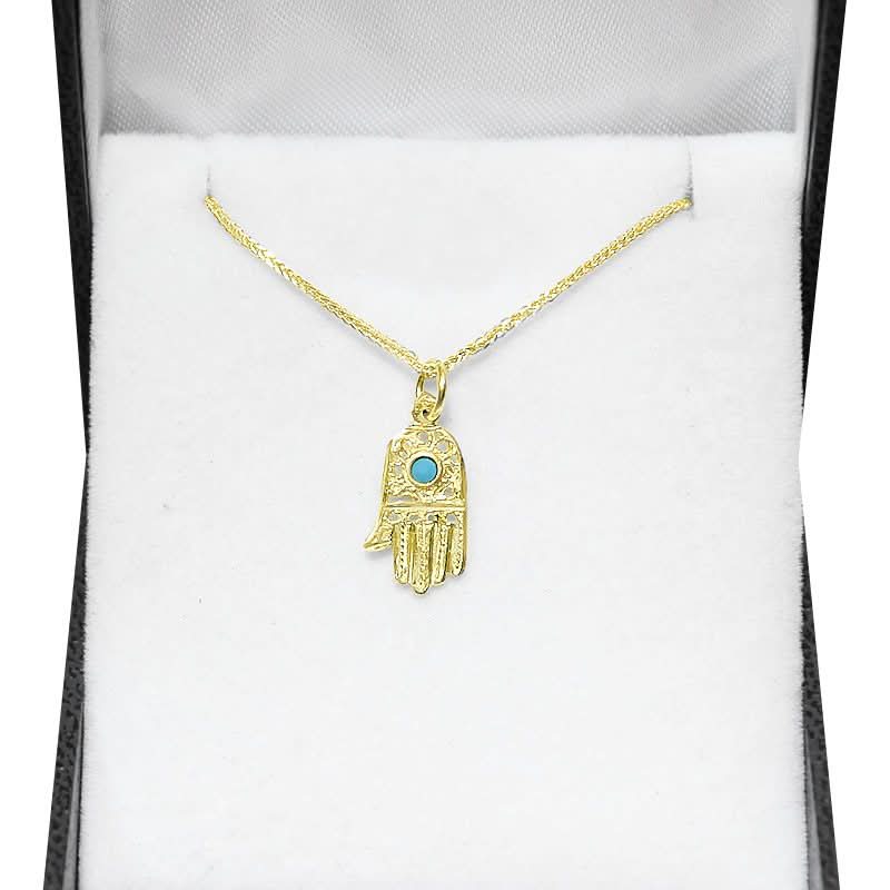 תליון חמסה (1.6*1 ס"מ) מזהב צהוב 14 קראט משובצת אבן טורקיז עיטורי פיליגרין