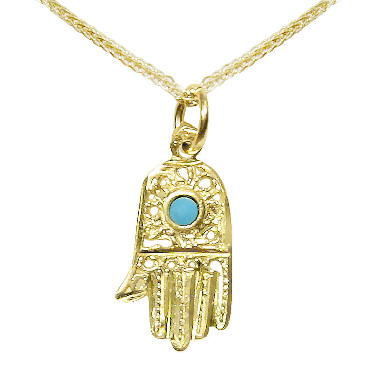 תליון חמסה (1.6*1 ס"מ) מזהב צהוב 14 קראט משובצת אבן טורקיז עיטורי פיליגרין