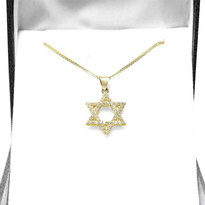תליון "מגן דוד" קטנה (1.6*1.5 ס"מ) מזהב צהוב 14 קראט משובץ קריסטלים