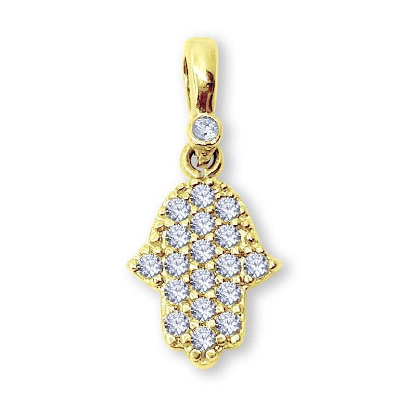 חמסה קטנה משובצת קריסטלים מהמם. עשוי מזהב צהוב אמיתי 14K.