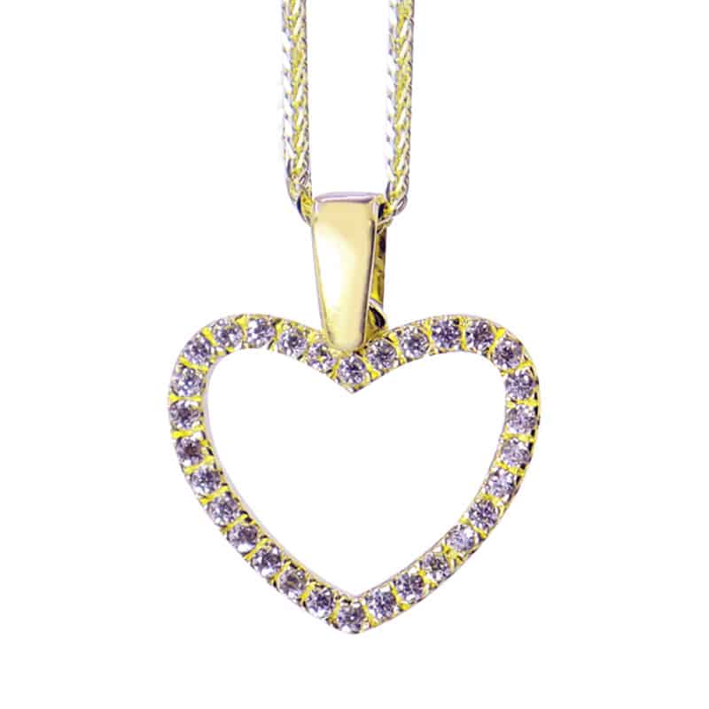 תליון לב בינוני (1.4*1.5 ס"מ) משובץ קריסטלים לבנים. עשוי מזהב צהוב 14 קראט. מחיר מבצע אתר מתנות ישראל.