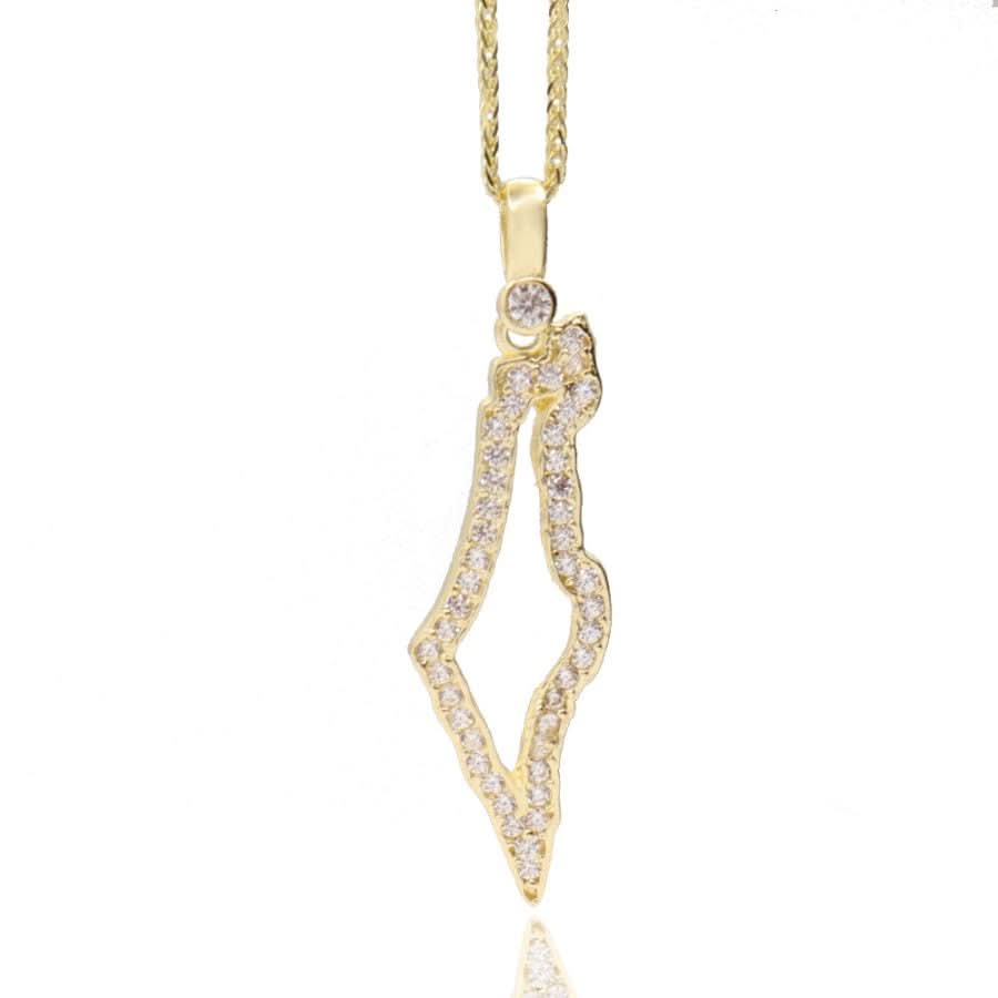 תליון "מפת ישראל" (3.1*1 ס"מ) מזהב צהוב 14 קראט משובץ קריסלים