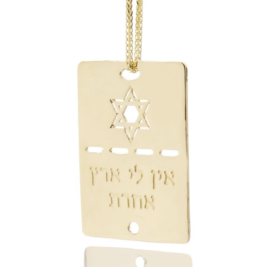 תליון "דיסקית חייל" (3*2.1 ס"מ) מזהב צהוב 14 קראט, "אין לי ארץ אחרת"