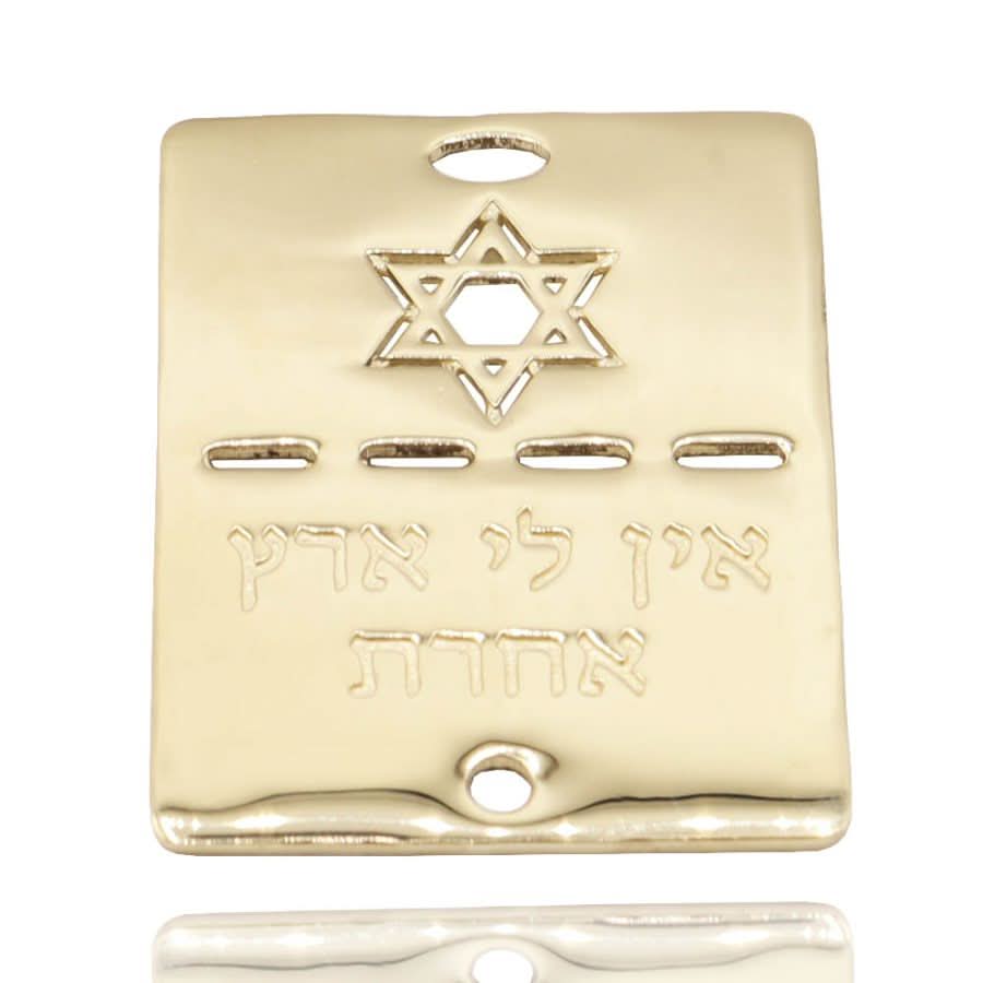 תליון "דיסקית חייל" (3*2.1 ס"מ) מזהב צהוב 14 קראט, "אין לי ארץ אחרת"