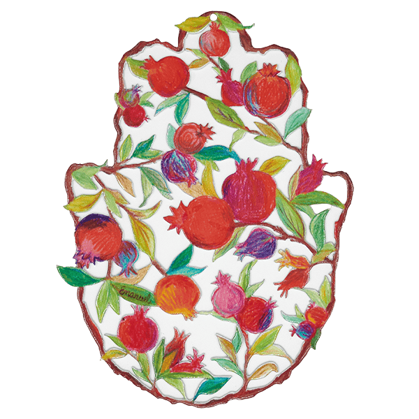 חמסה צבעונית בינונית (12.5*17 ס"מ) ממתכת עם ציפוי אמייל "רימונים-ציור עיפרון". חמסה זו מעוצבת ומיוצרת על ידי אומן היודאיקה הירושלמי יאיר עמנואל. מחיר מבצע מתנות ישראל.