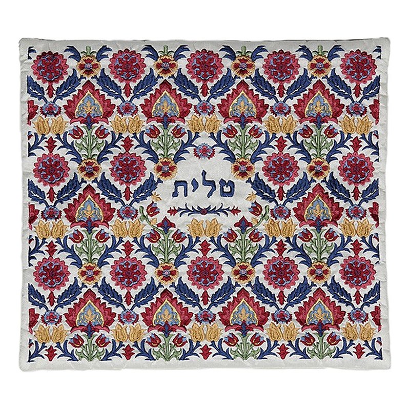 תיק טלית רקמה מלאה "דוגמה עתיקה" צבעוני – פרחים וכפות תמרים באדום, כחול וזהב על כל התיק והמילה "טלית" במרכז, יאיר עמנואל