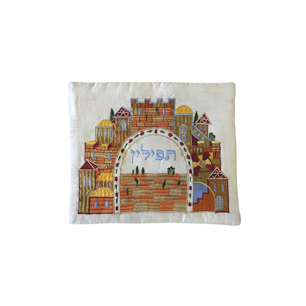 תיק תפילין רקום שער ירושלים לבן - רקמה על בד - יאיר עמנואל