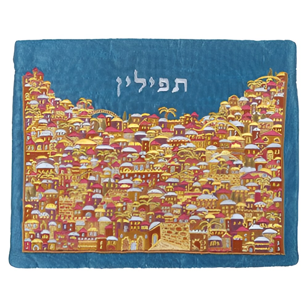 תיק תפילין רקמה מלאה ירושלים צבעוני – בתי העיר העתיקה בזהב ואדום על רקע תכלת והמילה "תפילין", יאיר עמנואל
