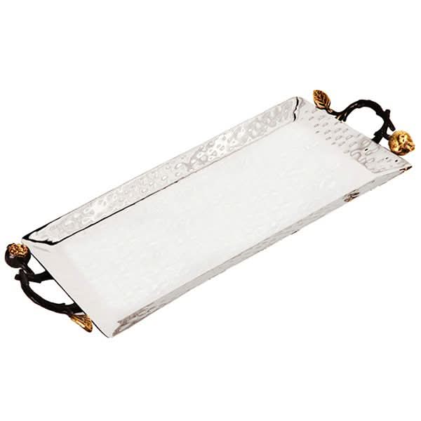 מגש ( 20 * 40 ס"מ ) מהמם ואיכותי עשוי מנירוסטה ( פלדת אל חלד) עם ידיות "רימונים" מוזהבים מהממים וגימור מרוקע. מעוצב ומיוצר ע"י האמן הירושלמי יאיר עמנואל. אמנות ישראלית מקורית. מחירי מבצע מתנות ישראל