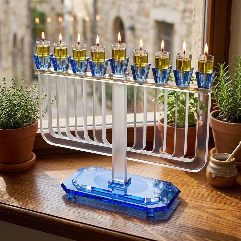 חנוכייה מקריסטל שקוף וכחול עם קנים ישרים – החנוכייה דולקת בערב חנוכה