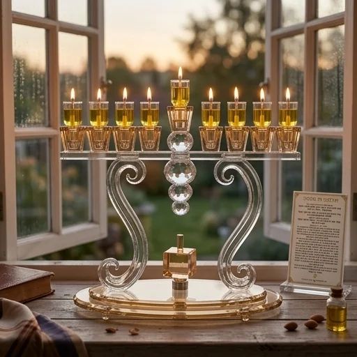 חנוכייה מקריסטל עם רגליים מסולסלות וסביבון בגוון ענבר – החנוכייה דולקת בערב חנוכה
