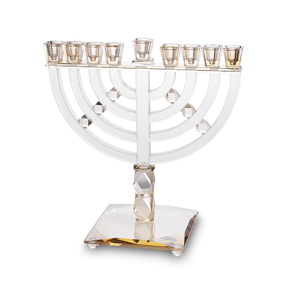 חנוכייה מהודרת מקריסטל שקוף עם אבני זהב – קריסטל וזכוכית, גימור שקוף