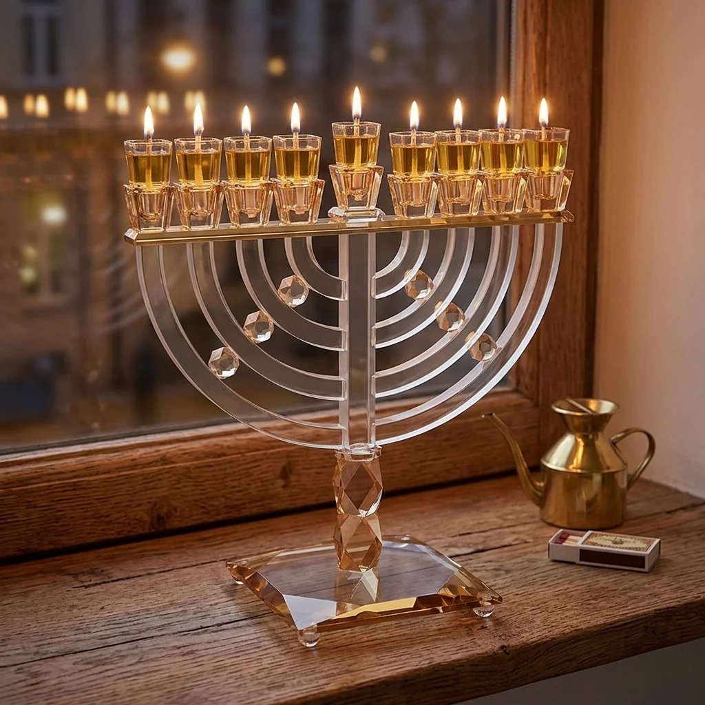 חנוכייה מהודרת מקריסטל שקוף עם אבני זהב – החנוכייה דולקת בערב חנוכה