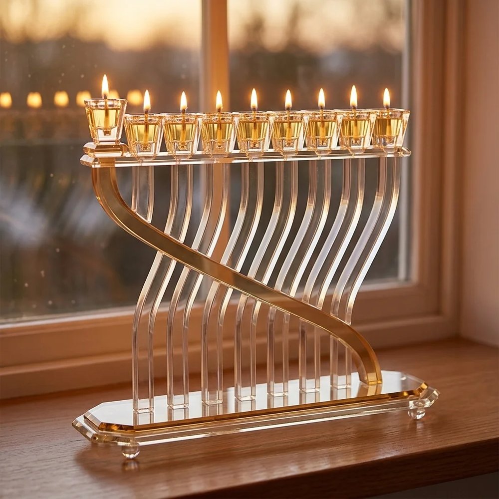 חנוכייה מקריסטל שקוף בעיצוב גלי עם פס זהב – החנוכייה דולקת בערב חנוכה