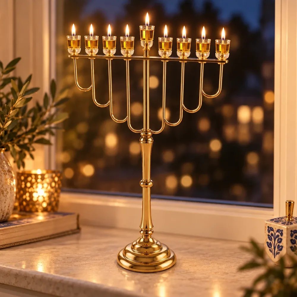 חנוכייה ענקית לבית כנסת ולאולמות "אור הזהב" בגימור זהב – קנים ישרים – החנוכייה דולקת בערב חנוכה