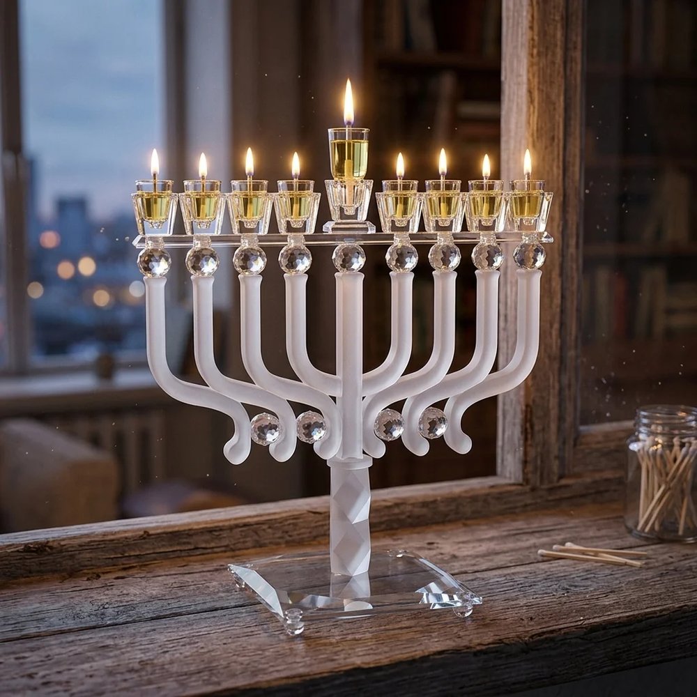 חנוכייה מקריסטל מט עם זרועות מסולסלות ואבני קריסטל – החנוכייה דולקת בערב חנוכה