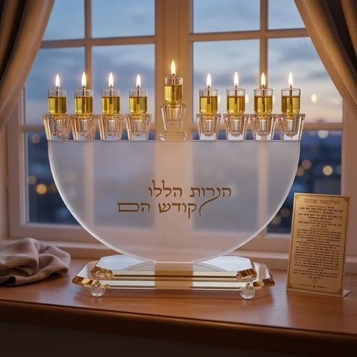 חנוכיית חצי סהר מקריסטל מט עם הכיתוב "הנרות הללו קודש הם" – החנוכייה דולקת בערב חנוכה